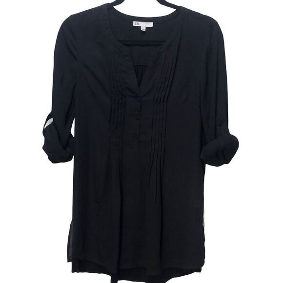 DR2 Daniel Rainn Roll Tab Pleated Tunic V-Neck Blouse Black Size Small - Picture 2 of 14